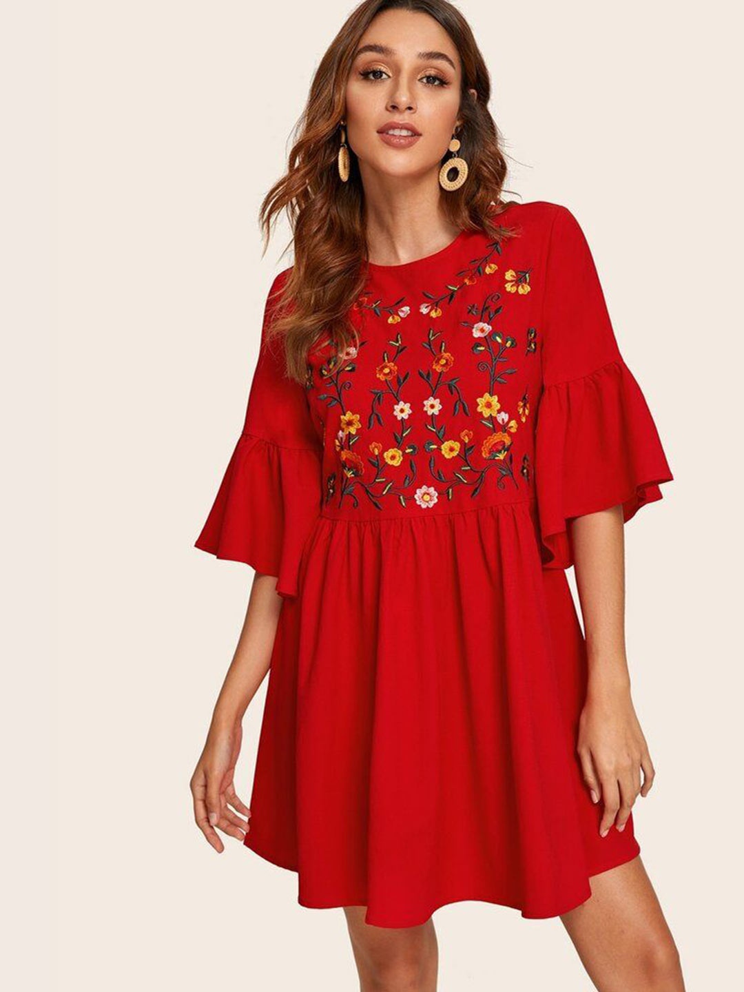 

AAFAMI Women Floral Embroidered Bell Sleeves Cotton Mini Dresses, Red