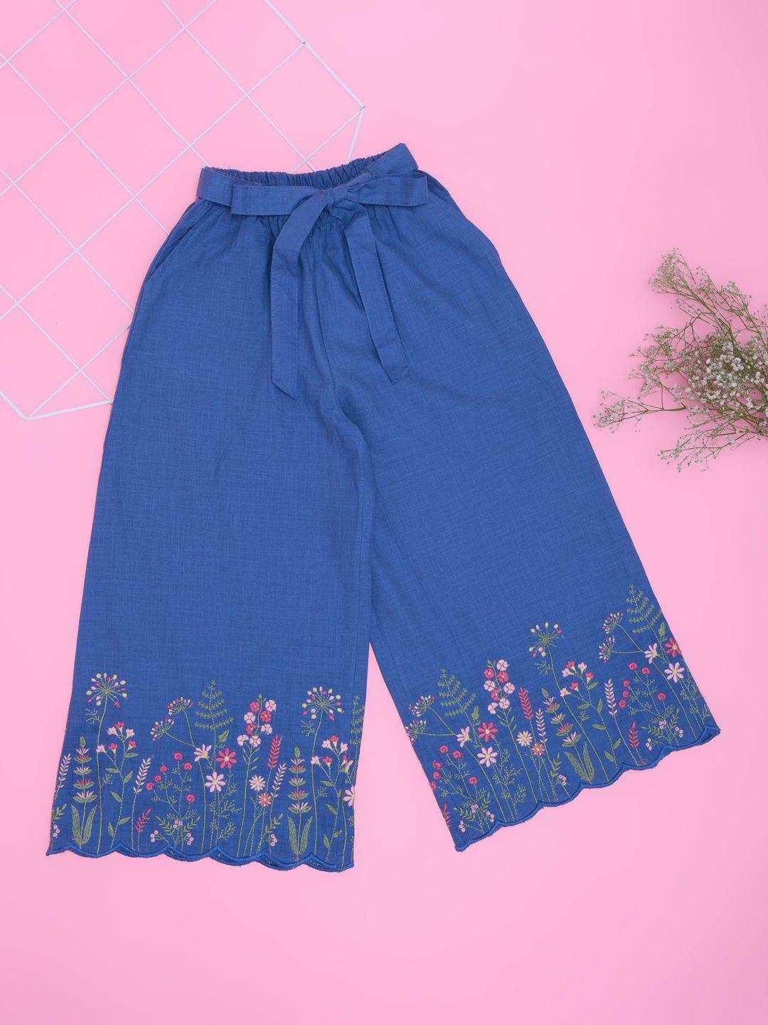 

AKKRITI BY PANTALOONS Girls Floral Embroidered Relaxed Fit Cotton Culottes Trousers, Blue