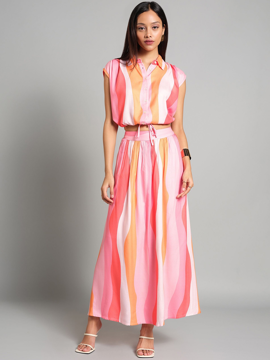 

AND Abstract Printed Crop Top & Skirt Co-Ord Set, Coral