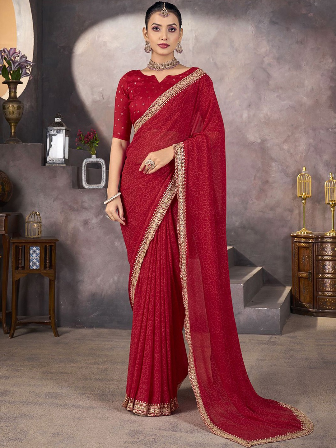 

Satrani Bandhani Sequinned Pure Georgette Bandhani Saree, Red