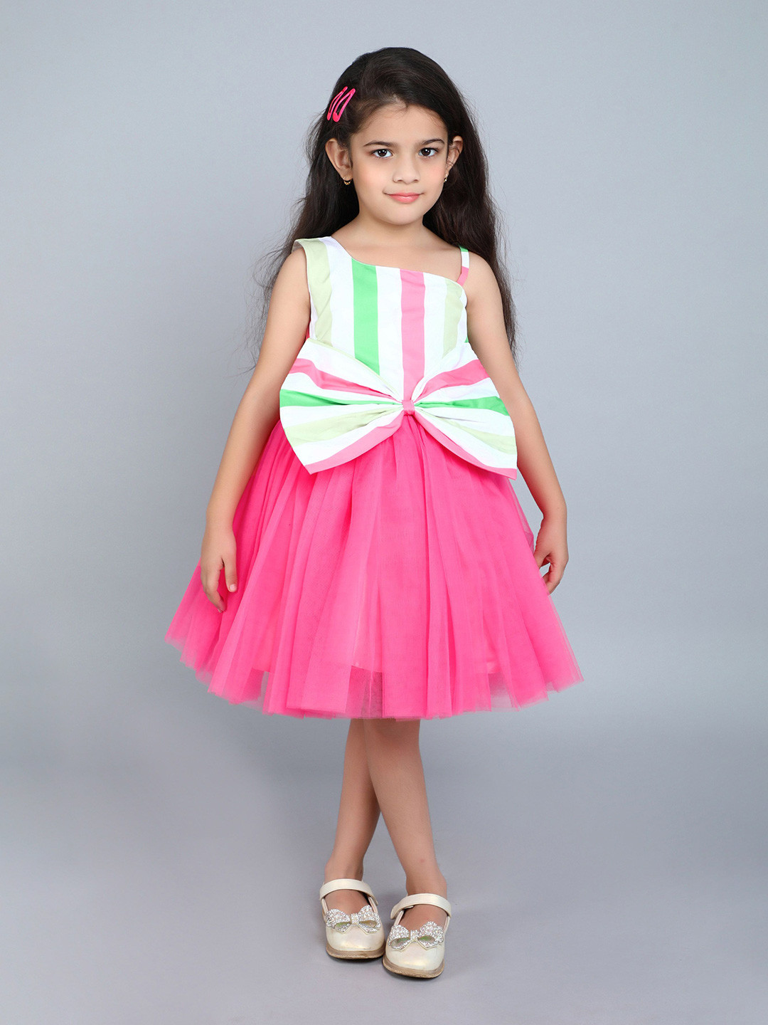

Pink Chick Girls Striped Bow Fit & Flare Dress