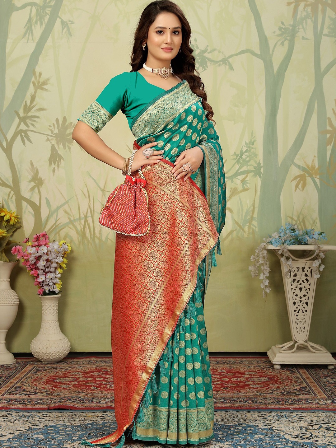 

GARIYA Woven Design Zari Silk Blend Banarasi Saree, Teal