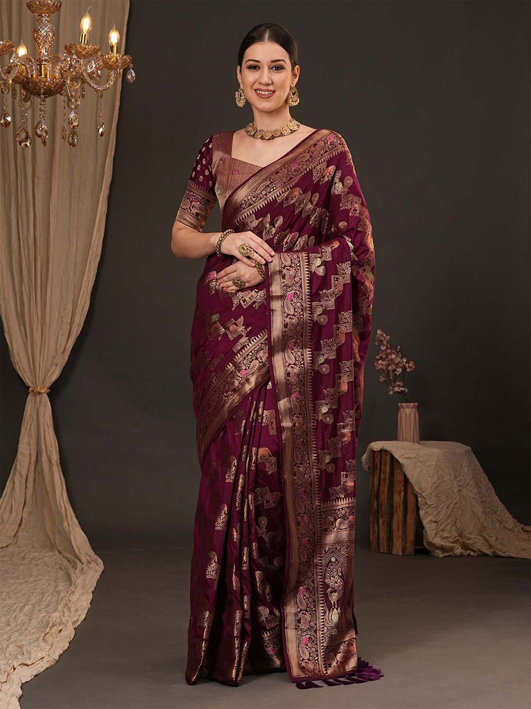 

Anouk Woven Design Zari Silk Blend Banarasi Saree, Purple