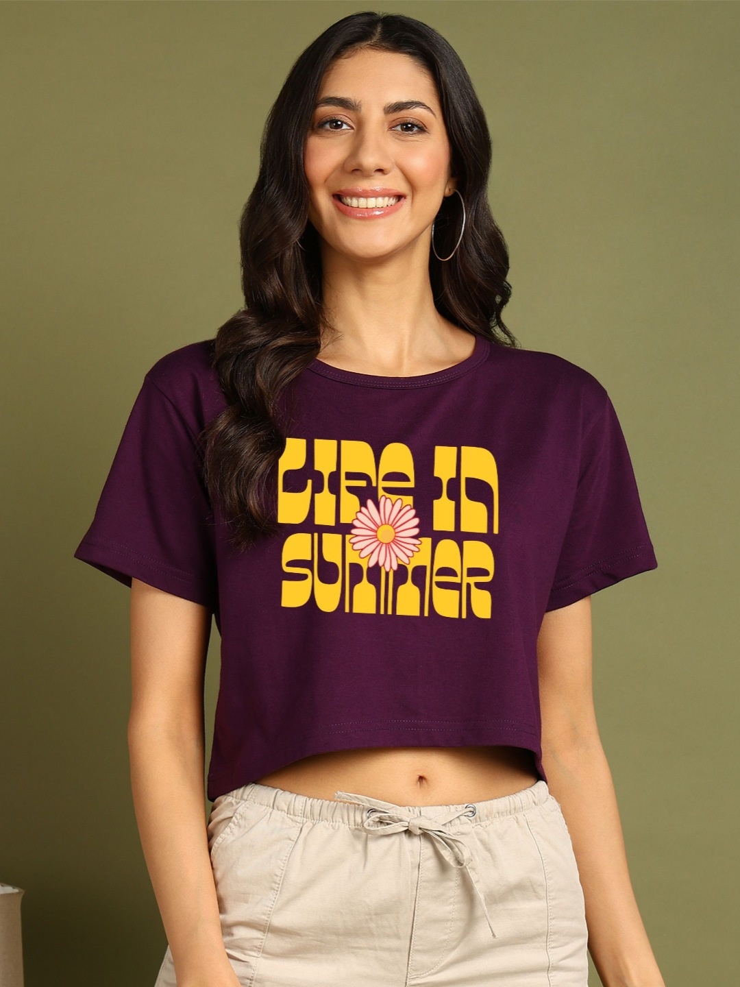 

CHOZI Women Printed Drop-Shoulder Sleeves Bio Finish Pockets T-shirt, Purple