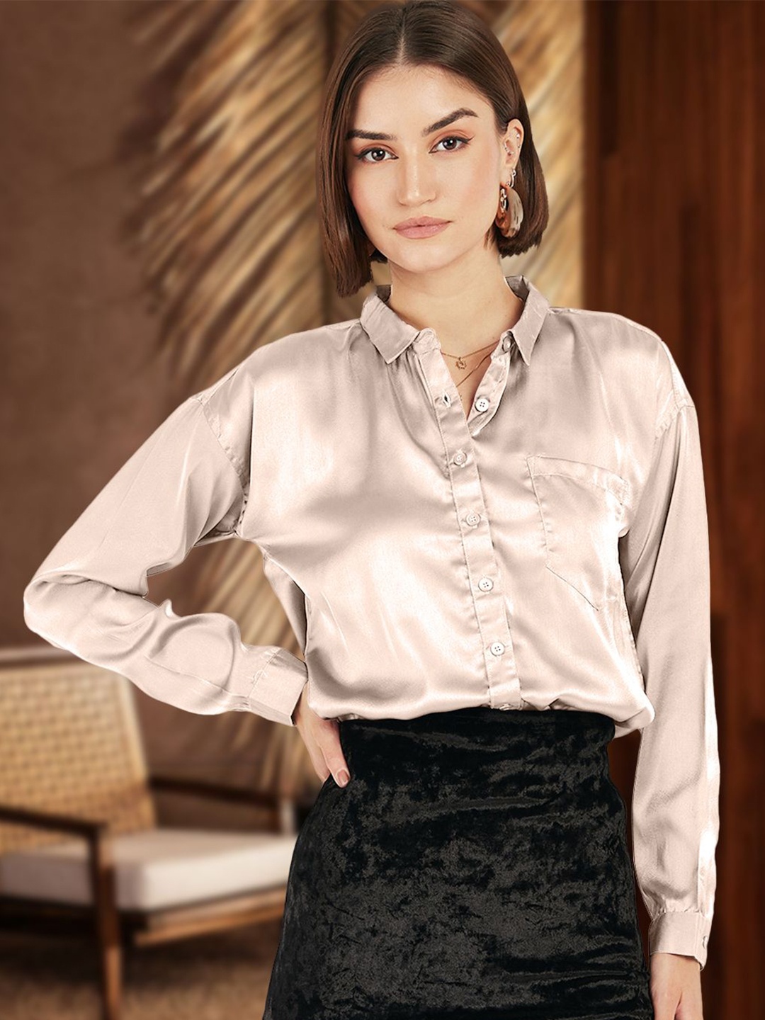 

DressBerry Women Comfort Fit Spread Collar Solid Satin Casual Shirt, Beige