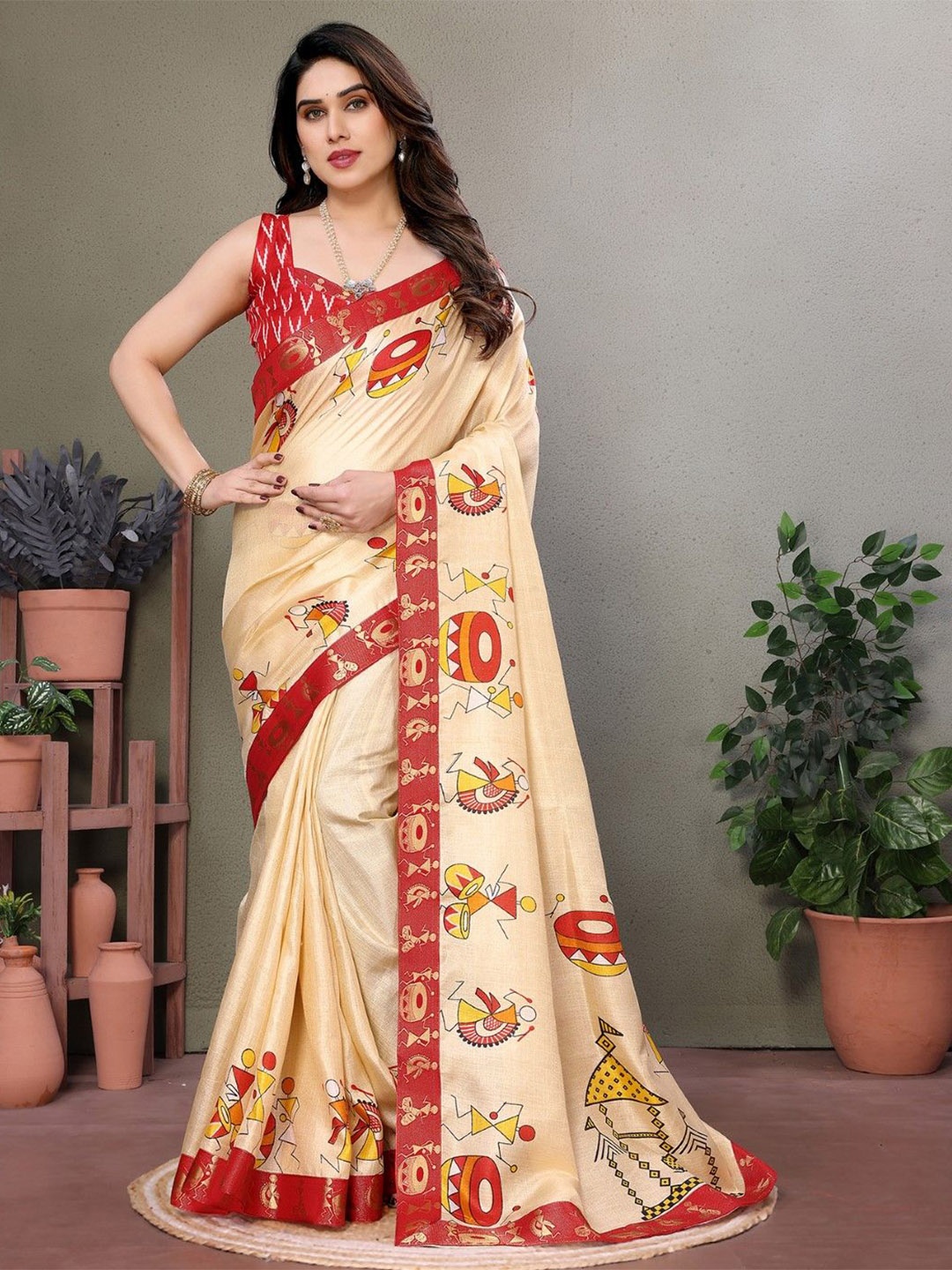 

KALINI Warli Printed Zari Saree, Cream