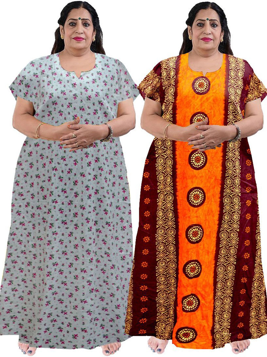 

PR PINK ROYAL Women Pack of 2 Printed Pure Cotton Maxi Nightdress, Green