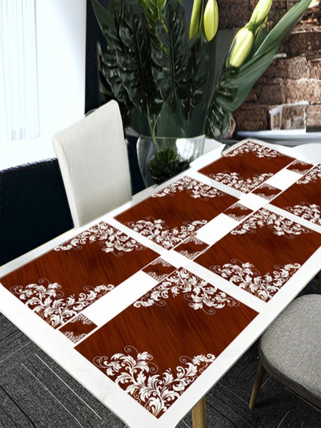 

REVEXO 6Pc Brown & White Printed Rectangle Costers & Table Placemats