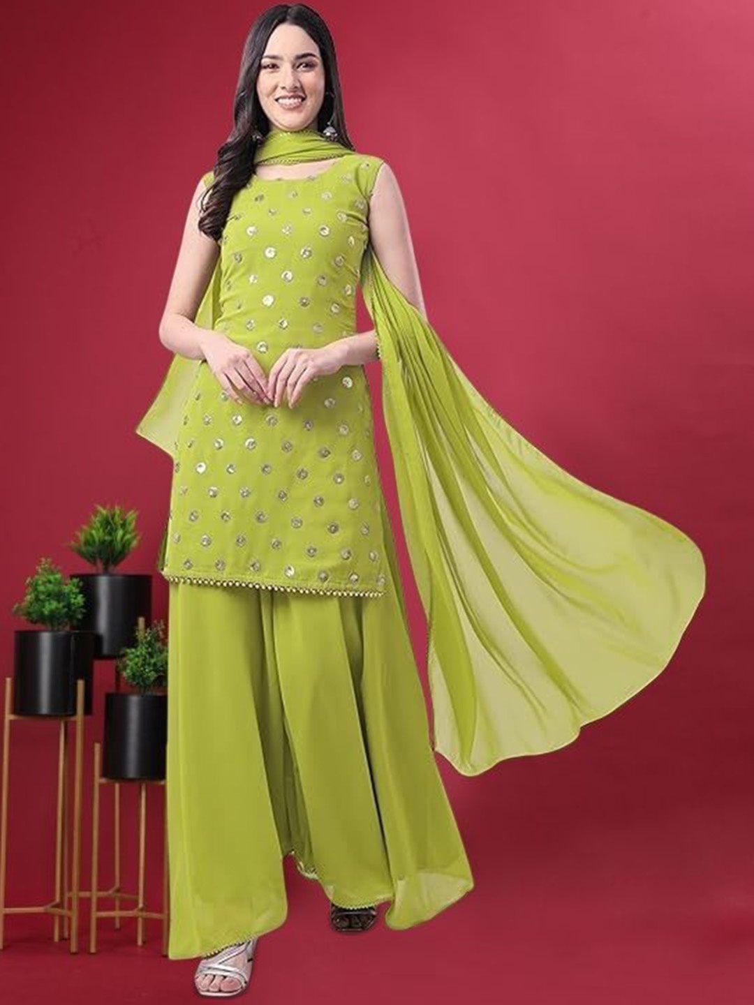 

PARROT CREATION Geometric Embroidered Sequinned Georgette Kurti with Sharara And Dupatta, Lime green