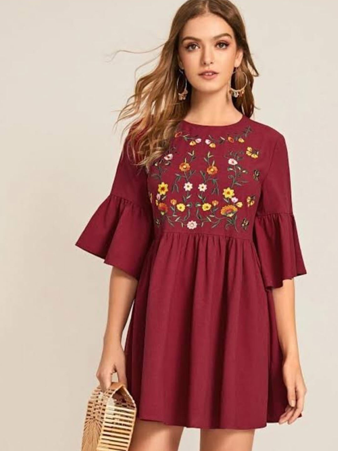 

AAFAMI Women Floral Embroidered Bell Sleeves Cotton Longline Peplum Top, Maroon