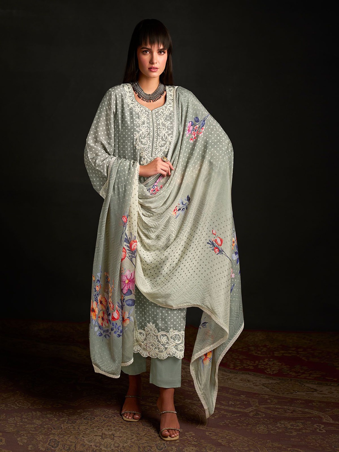 

ODETTE Floral Embroidered Semi-Stitched Dress Material, Green