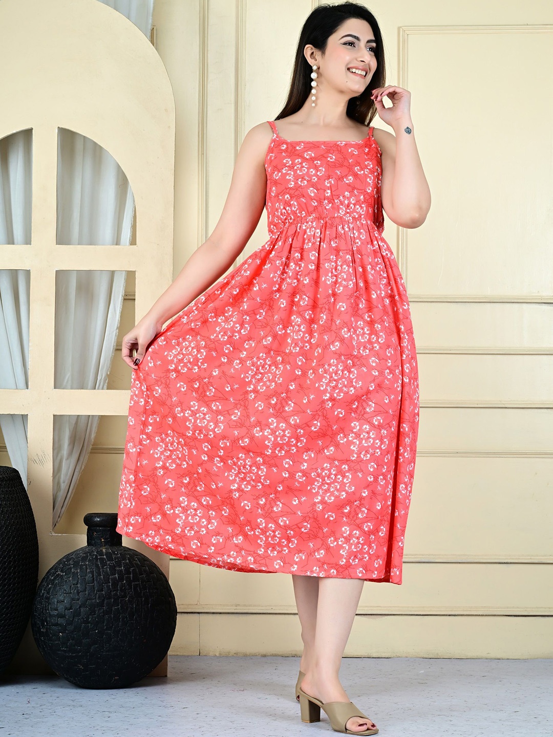 

Nefies Floral Print Shoulder Straps Fit & Flare Midi Dress, Pink