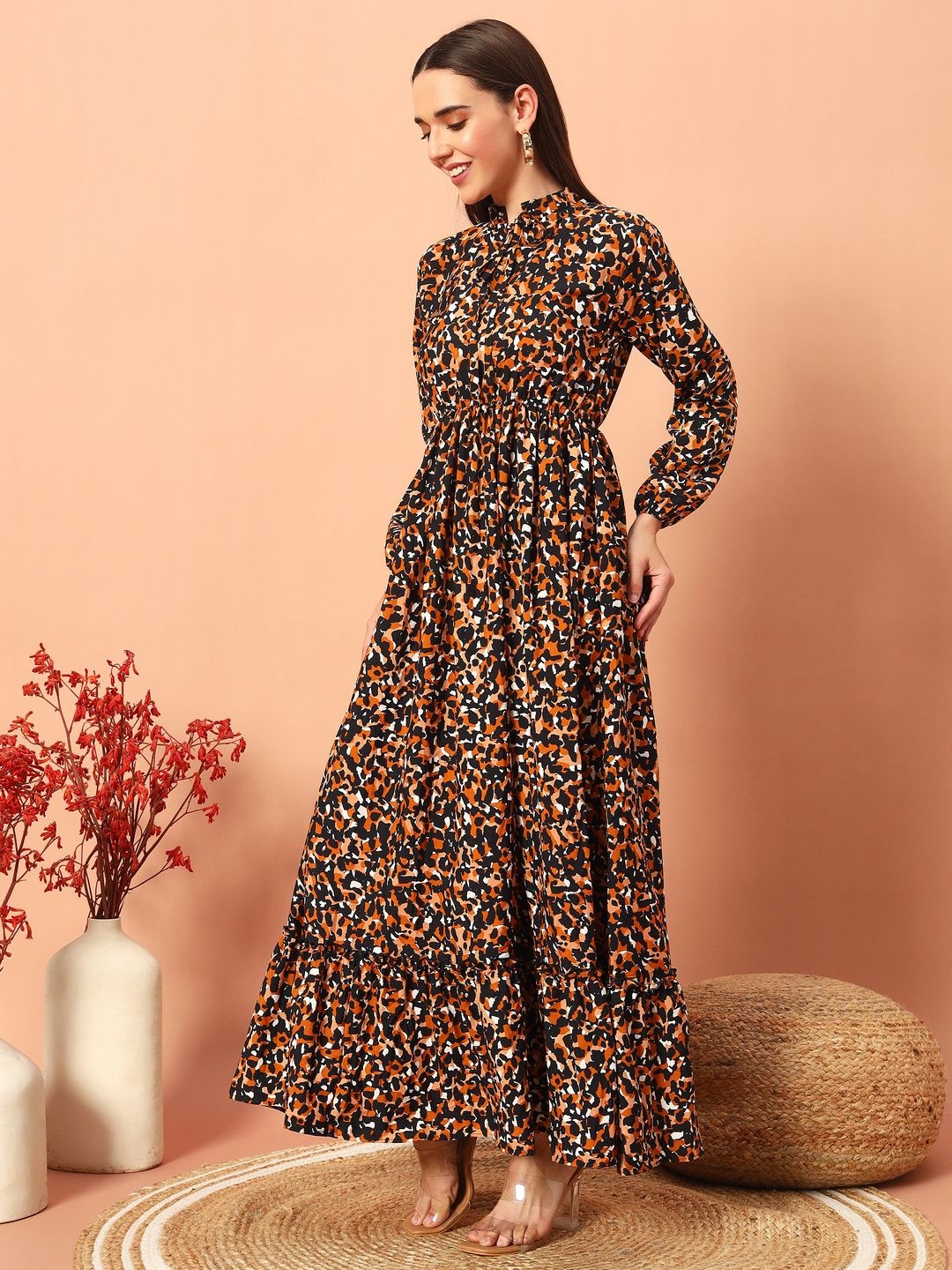 

ZWERLON Women Animal Printed Tie-Up Neck Maxi Fit and Flare Dress, Black