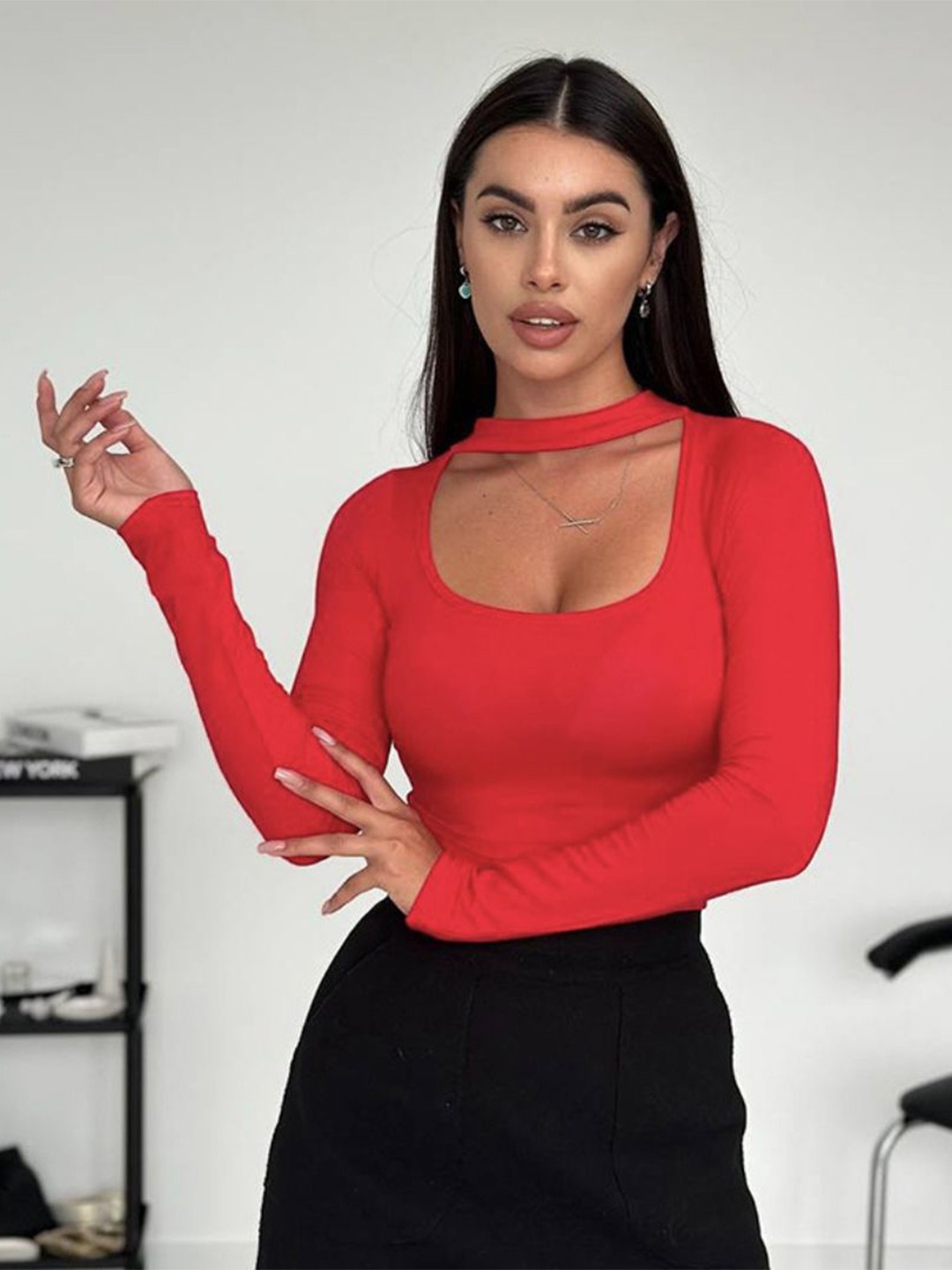 

StyleCast Choker Neck Fitted Crop Top, Red