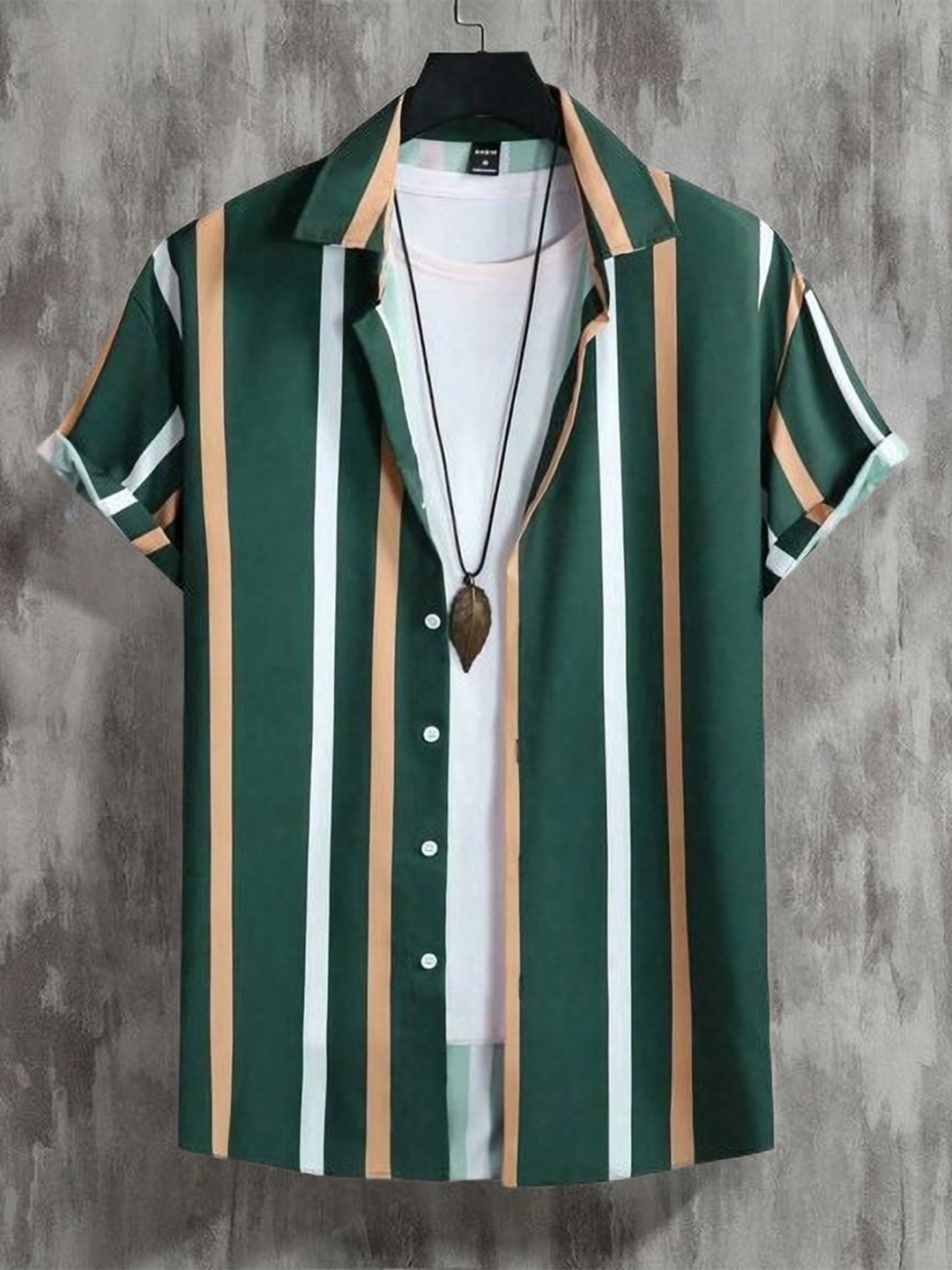 

iCome Men Relaxed Fit Spread Collar Vertical Striped Casual Shirt, Olive