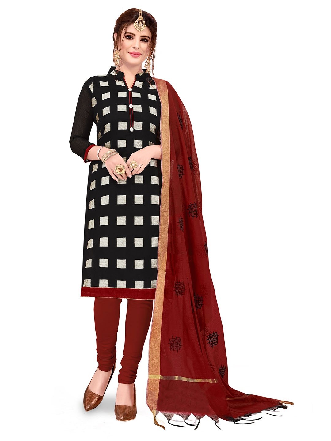 

HERE&NOW Geometric Printed Banarasi Unstitched Dress Material, Black