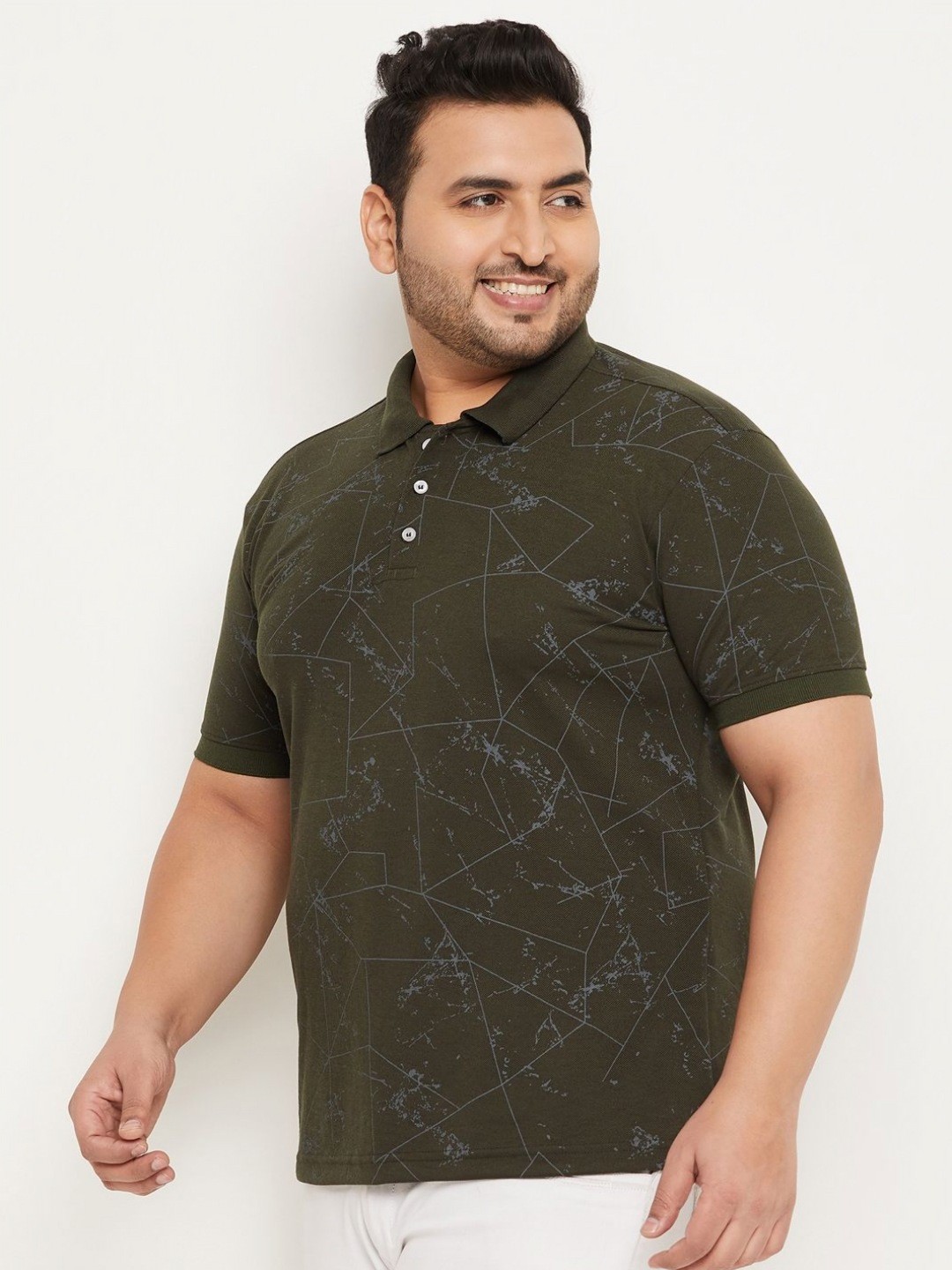 

RELANE Men Abstract Printed Polo Collar Cotton T-shirt, Olive