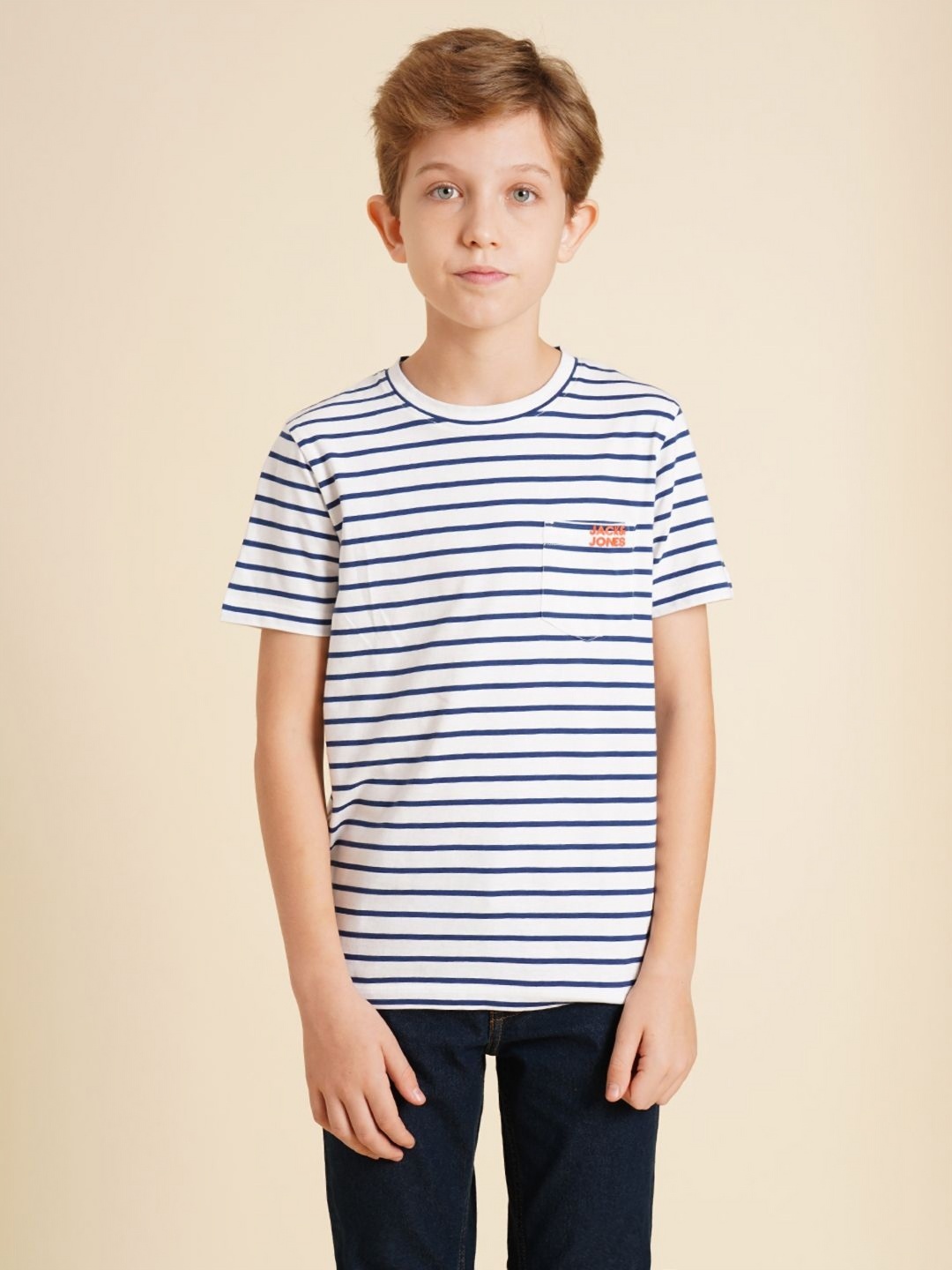 

Jack & Jones Junior Boys Striped Round Neck Cotton T-shirt, White