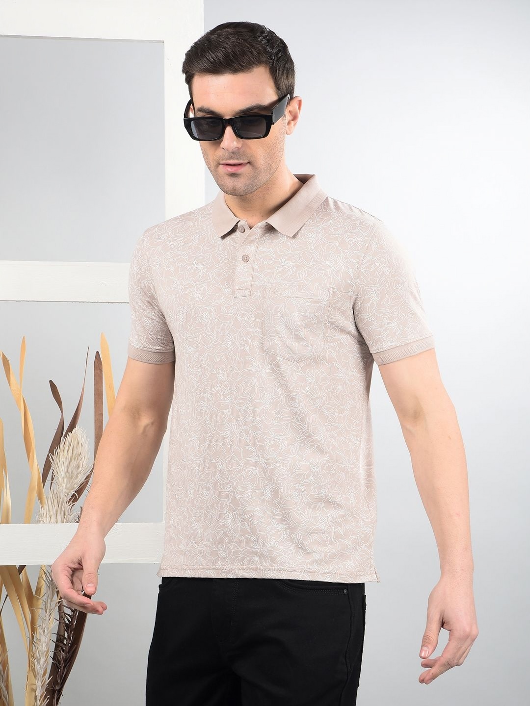 

Crimsoune Club Men Floral Printed Polo Collar Cotton Slim Fit T-shirt, Grey