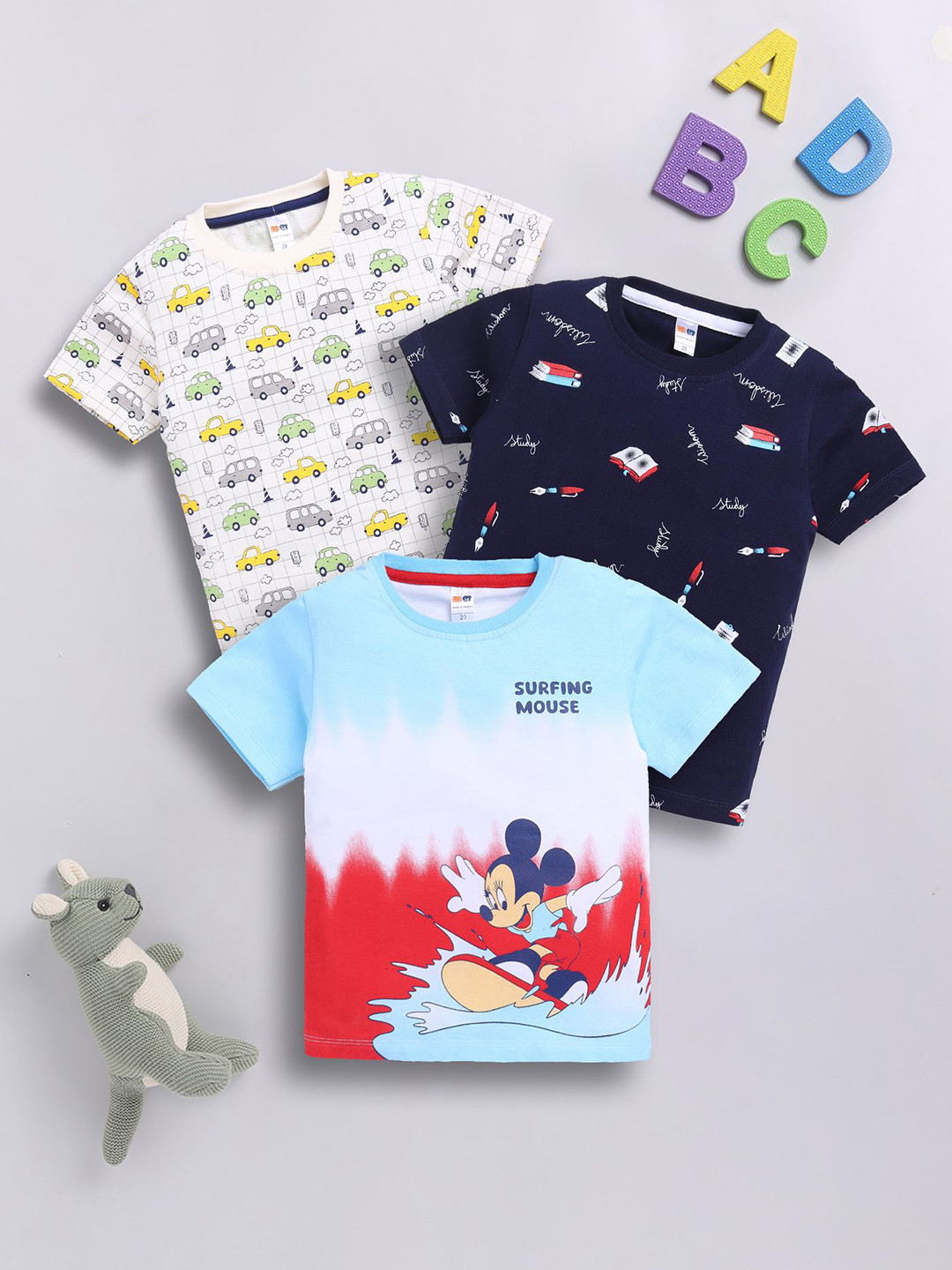 

LITTLE NINJA Boys Pack Of 3 Mickey Mouse Graphic Printed Round Neck Cotton T-shirts, Blue