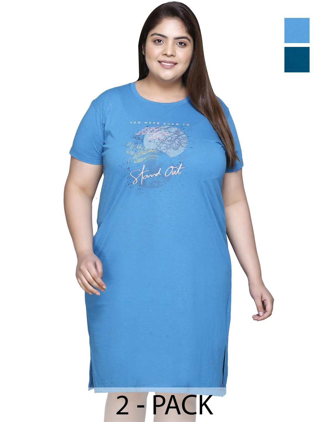 

IN Love Women Pack of 2 Typography Printed Plus Size T-shirt Nightdress, Blue