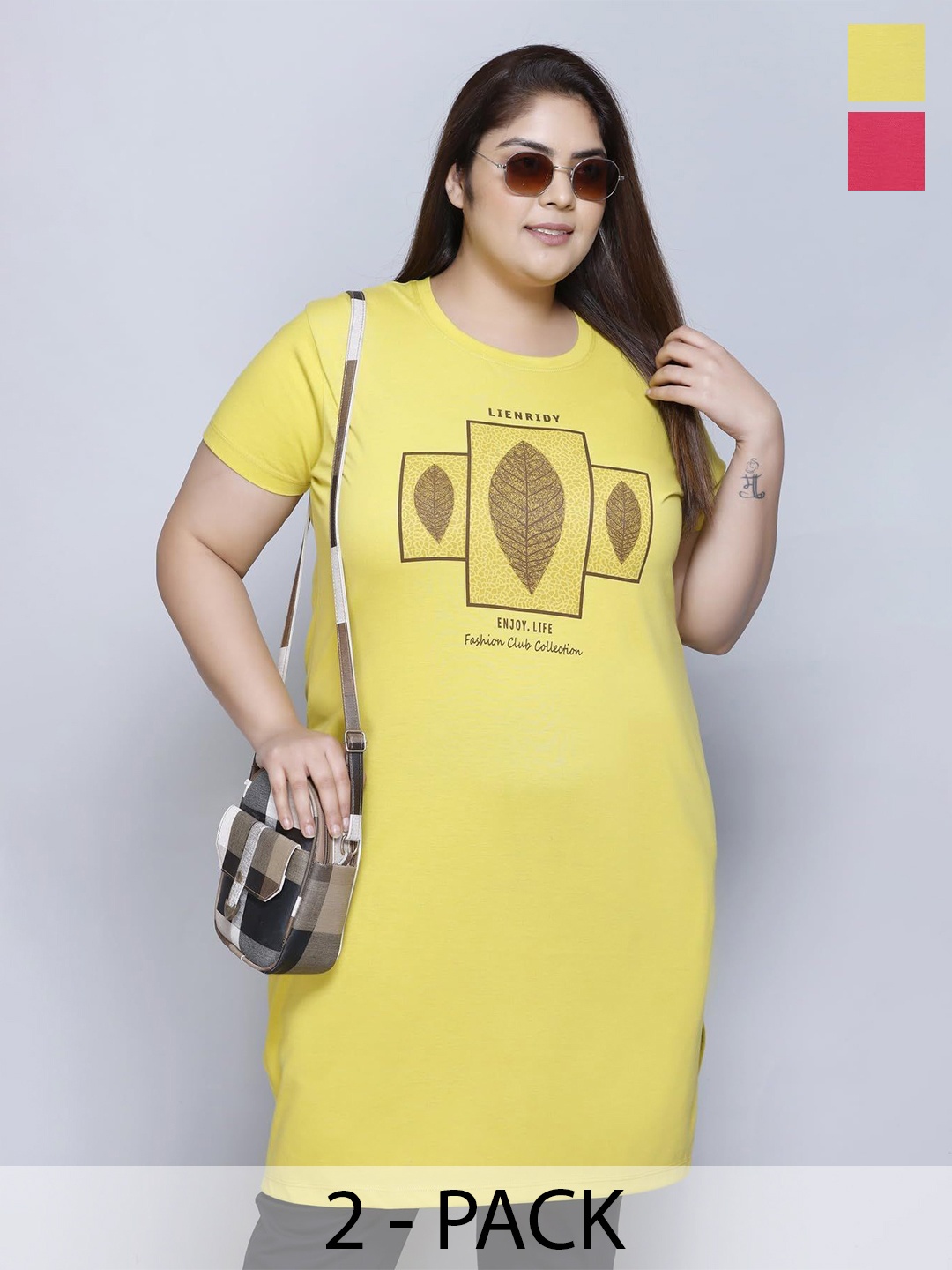 

IN Love Pack of 2 Women Plus Size Front Printed Cotton Nighty Chemise, Yellow