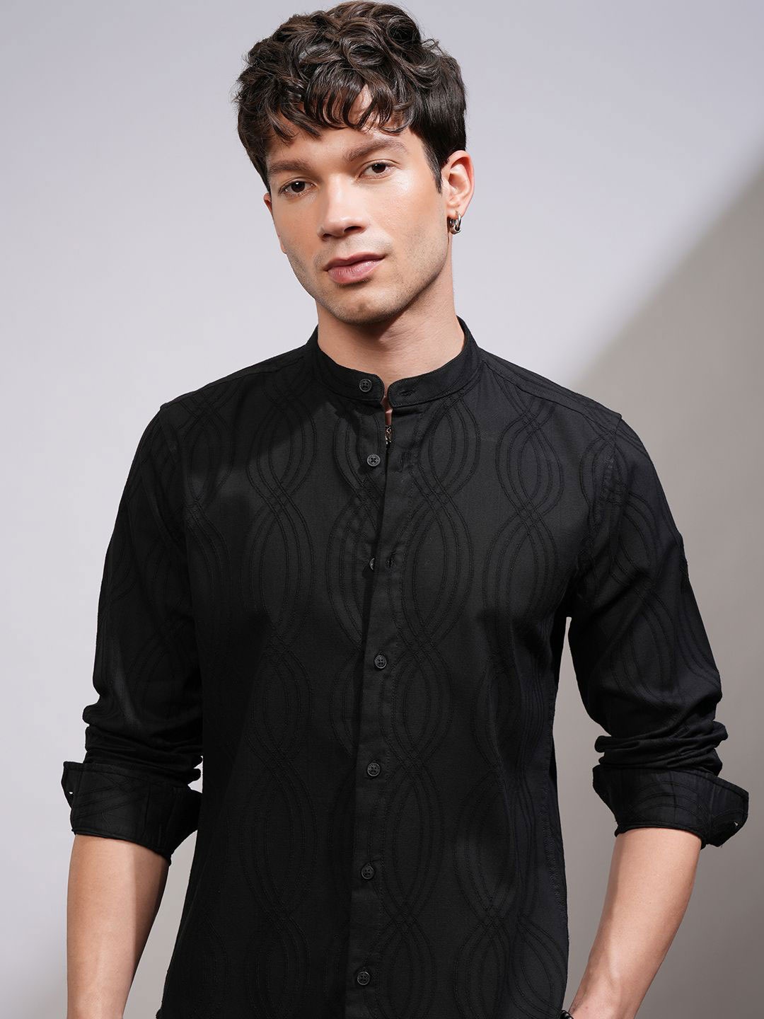 

HIGHLANDER Men Band Collar Textured Cotton Casual Shirt, Black