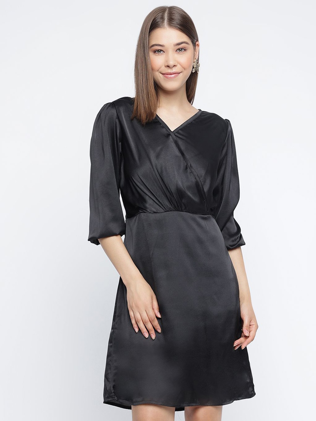 

DressBerry Satin Solid Wrap Dress With Three Quater Sleeves, Black