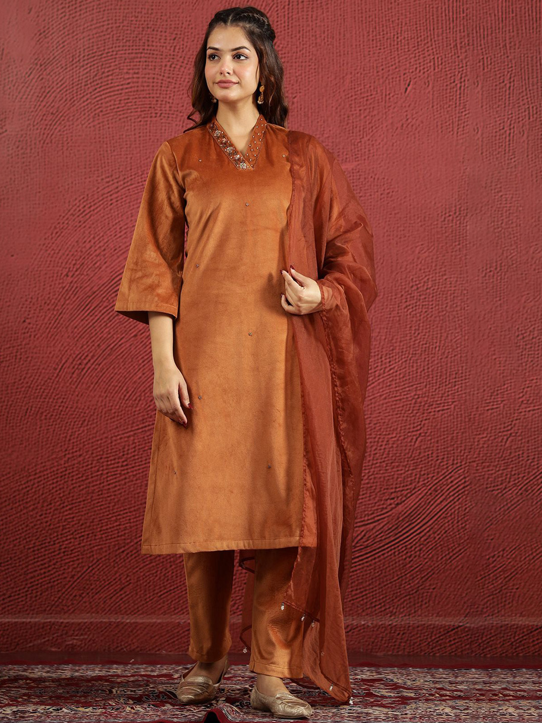 

Sangria Brown V-Neck Beads and Stones Velvet Straight Kurta With Trousers And Dupatta