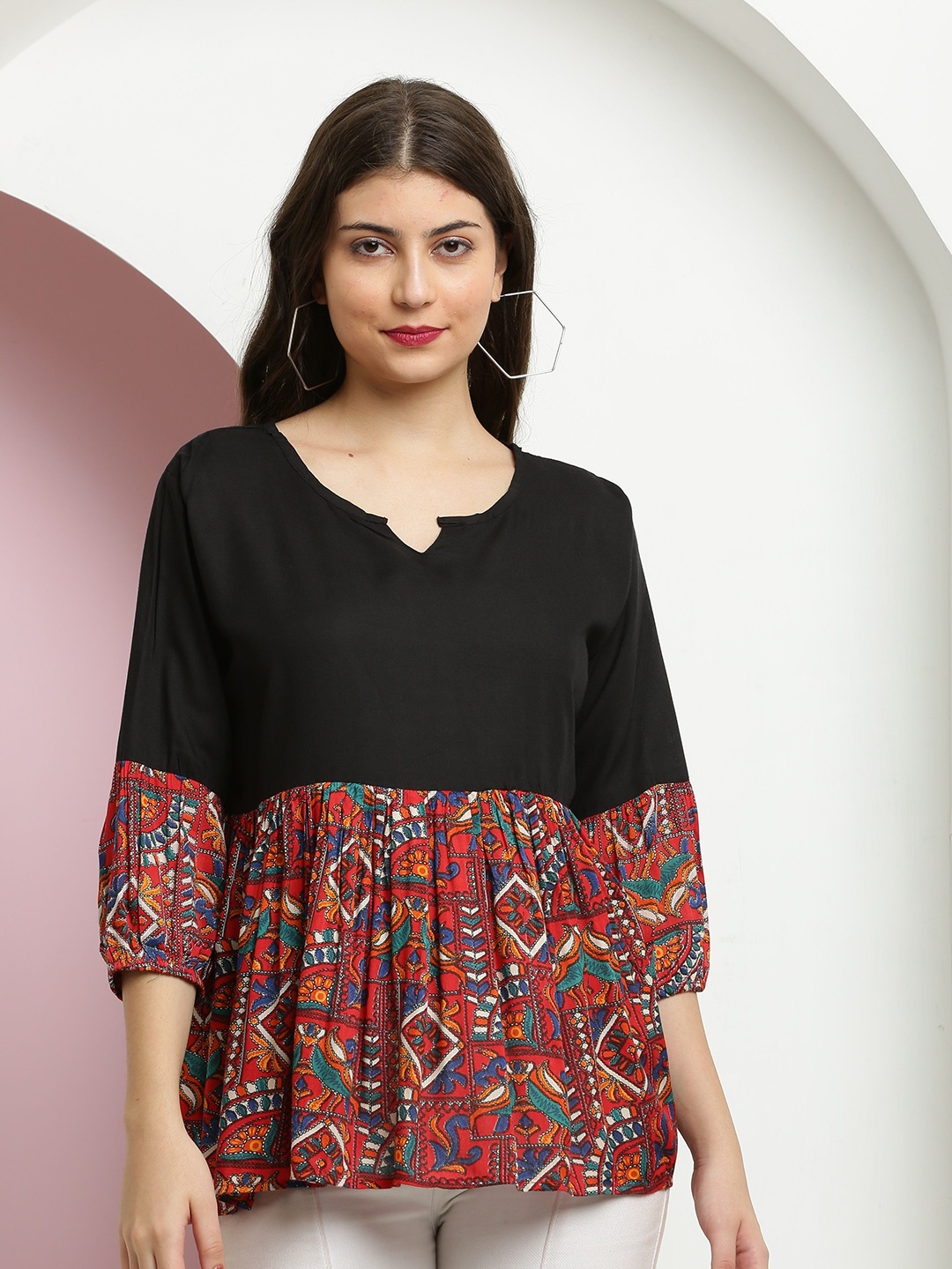 

ARJ FASHION Women Ethnic Printed Three-Quarter Sleeves Peplum Top, Red