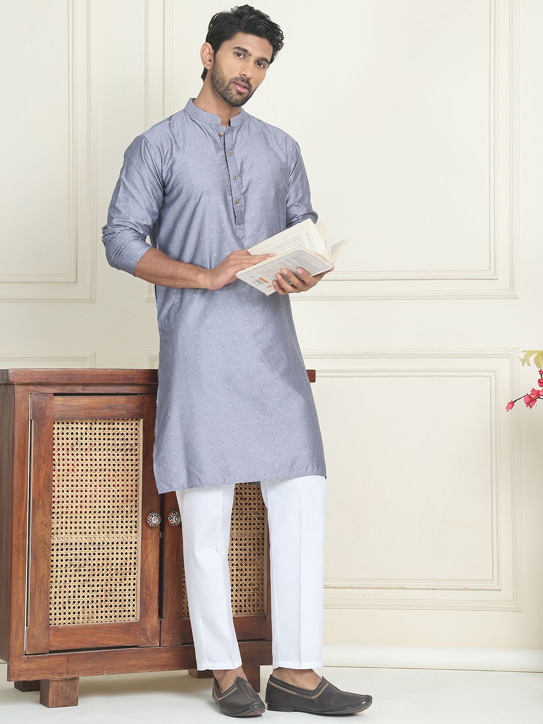 

Anouk Grey Geometric Woven Design Mandarina Collar Kurta With Pyjamas