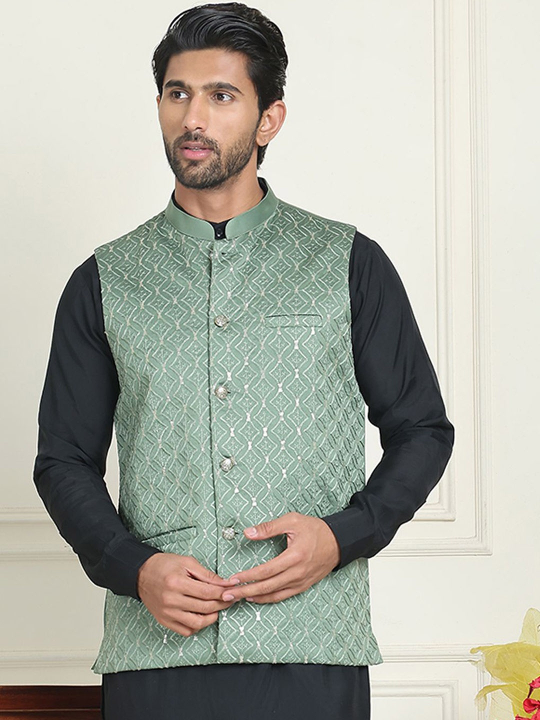 

Anouk Embroidered Mandarin Collar Neck Nehru Jacket, Green