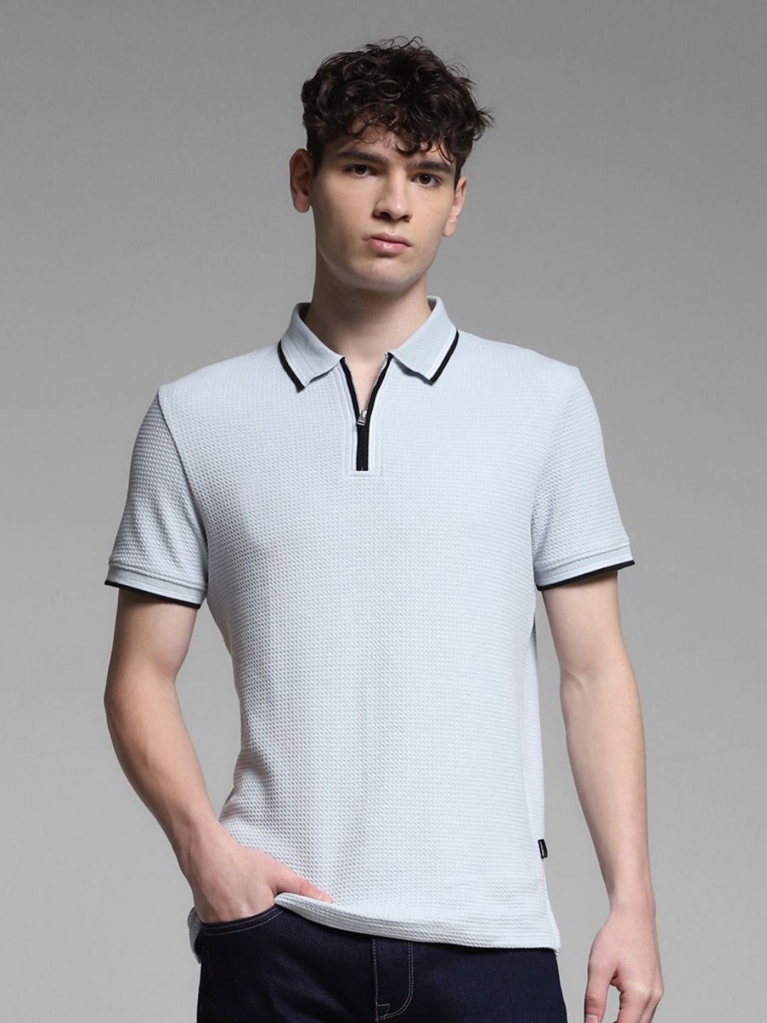

Jack & Jones Men Self Design Polo Collar Cotton T-shirt, Blue