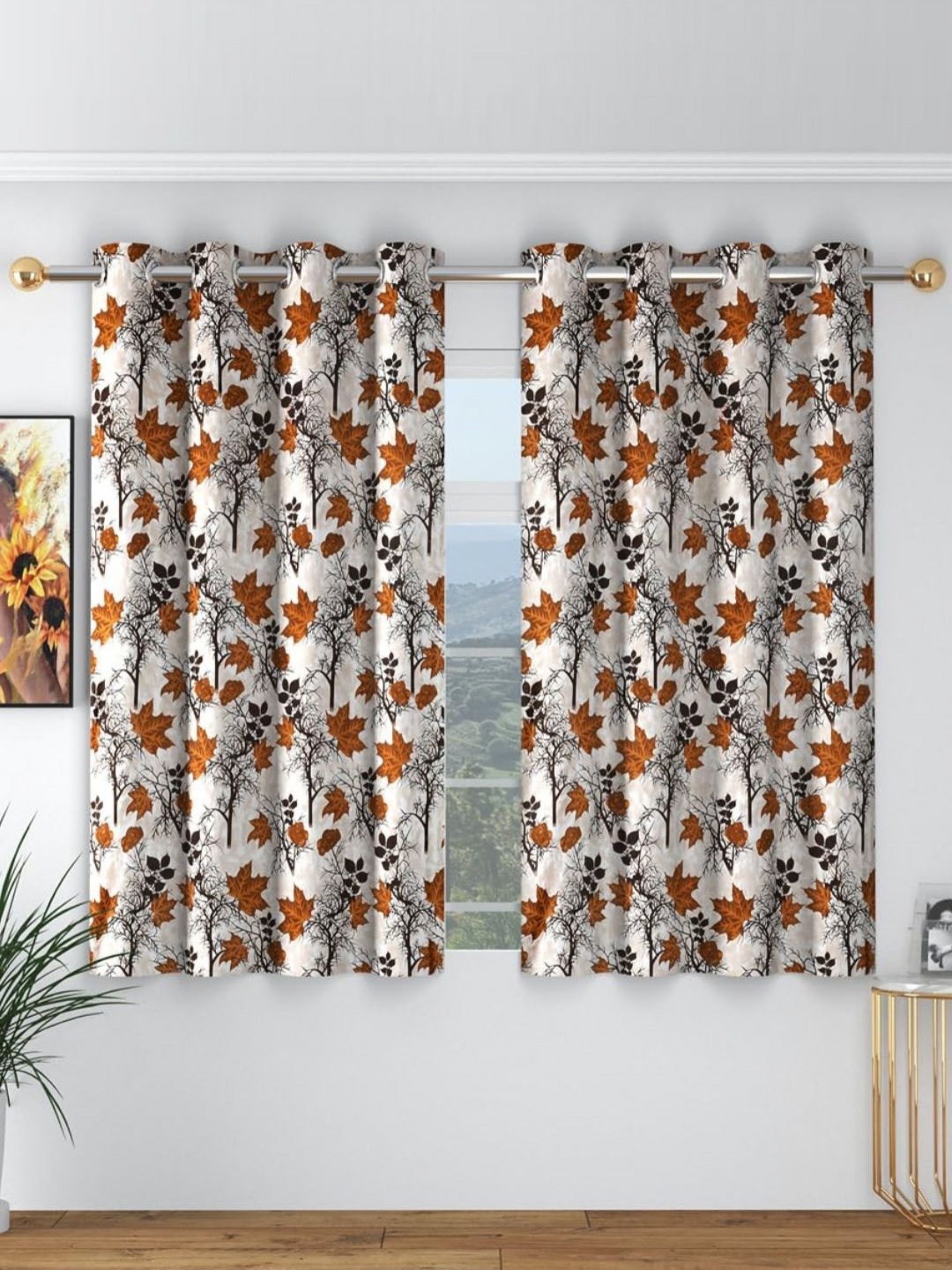 

bsb home Beige & Brown 2 Pieces Floral Printed Window Curtain