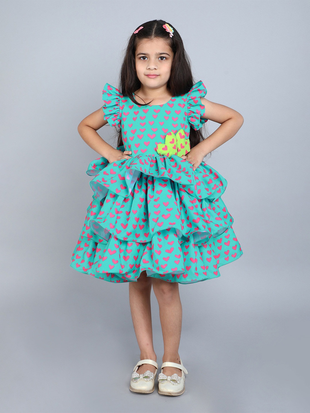 

Pink Chick Girls Heart Printed Flutter Sleeve Cotton Fit & Flare Layered Dress, Teal