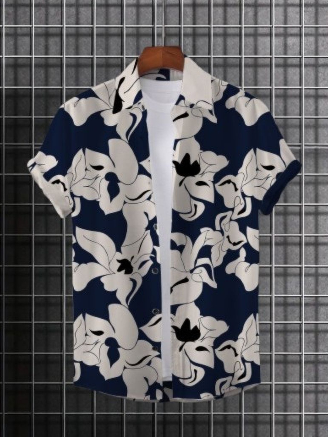 

iCome Men Spread Collar Floral Printed Casual Shirt, Navy blue
