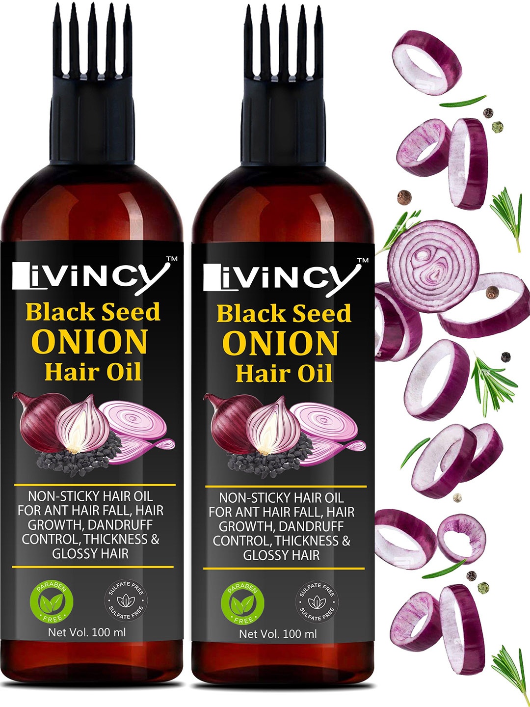 

Livincy Set Of 2 Hair Fall Control Black Seed Onion Hair Oil - 100 ml Each, Brown