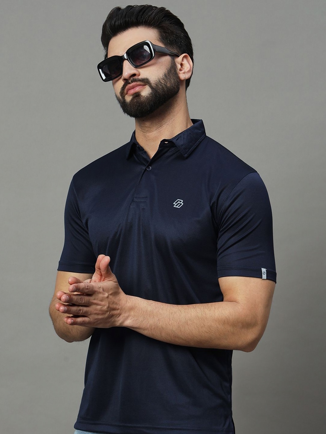 

RENUOVO Men Solid Polo Collar Cotton T-shirt, Navy blue