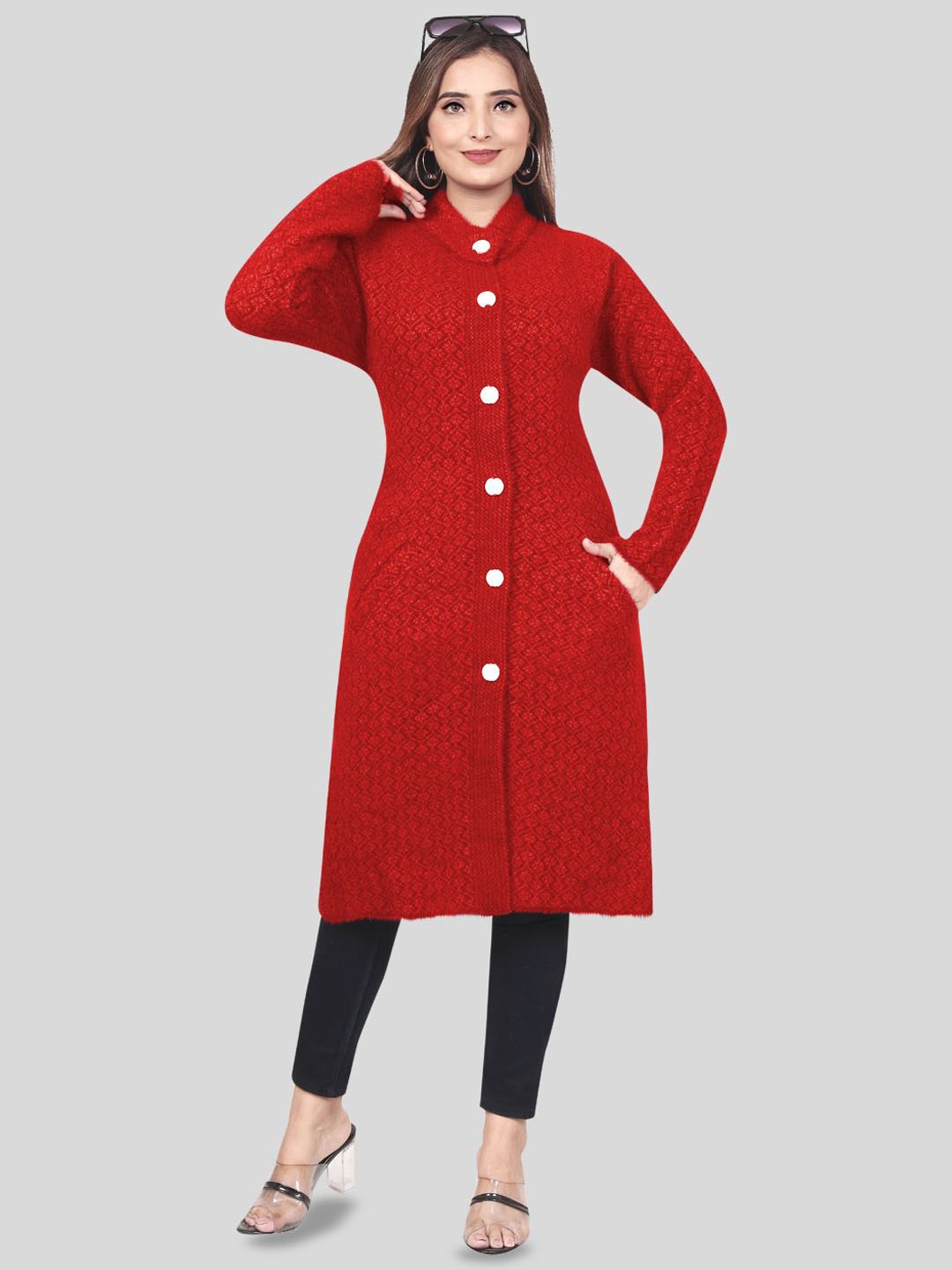 

Wool's Kart Self Design Knee Length Wool Coat, Red