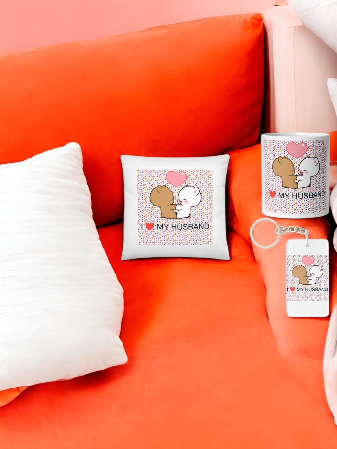 

Anikmart 3-Pieces White & Brown Printed Cushion With Mug And Key Chain