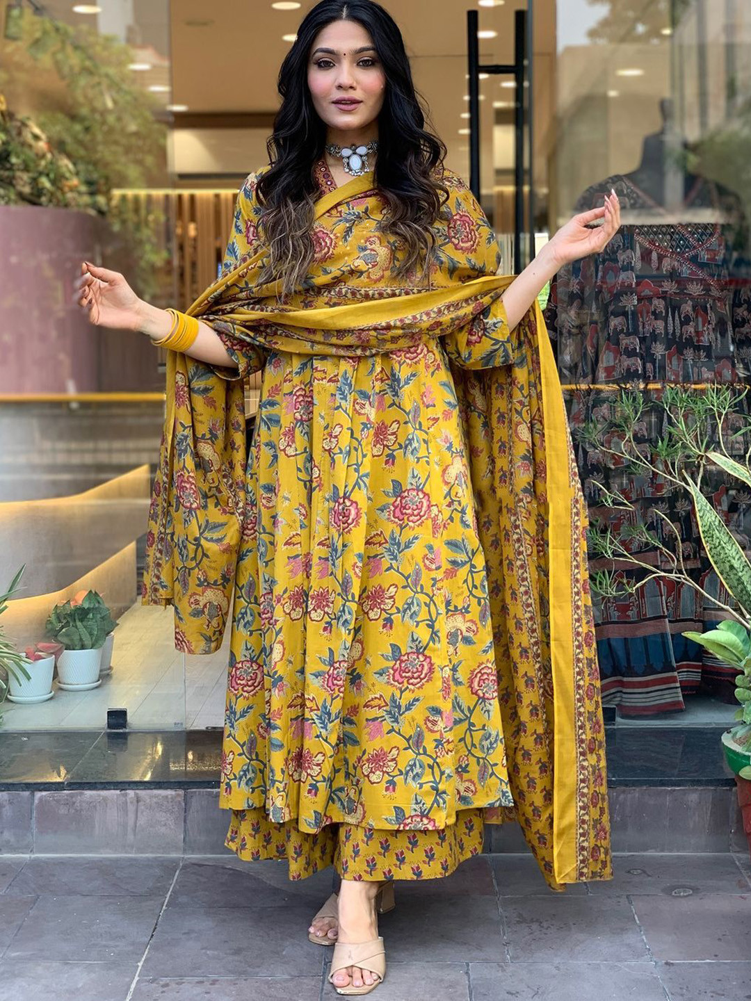 

KALINI Floral Printed V Neck Pure Cotton A-Line Kurta With Palazzos & Dupatta, Mustard