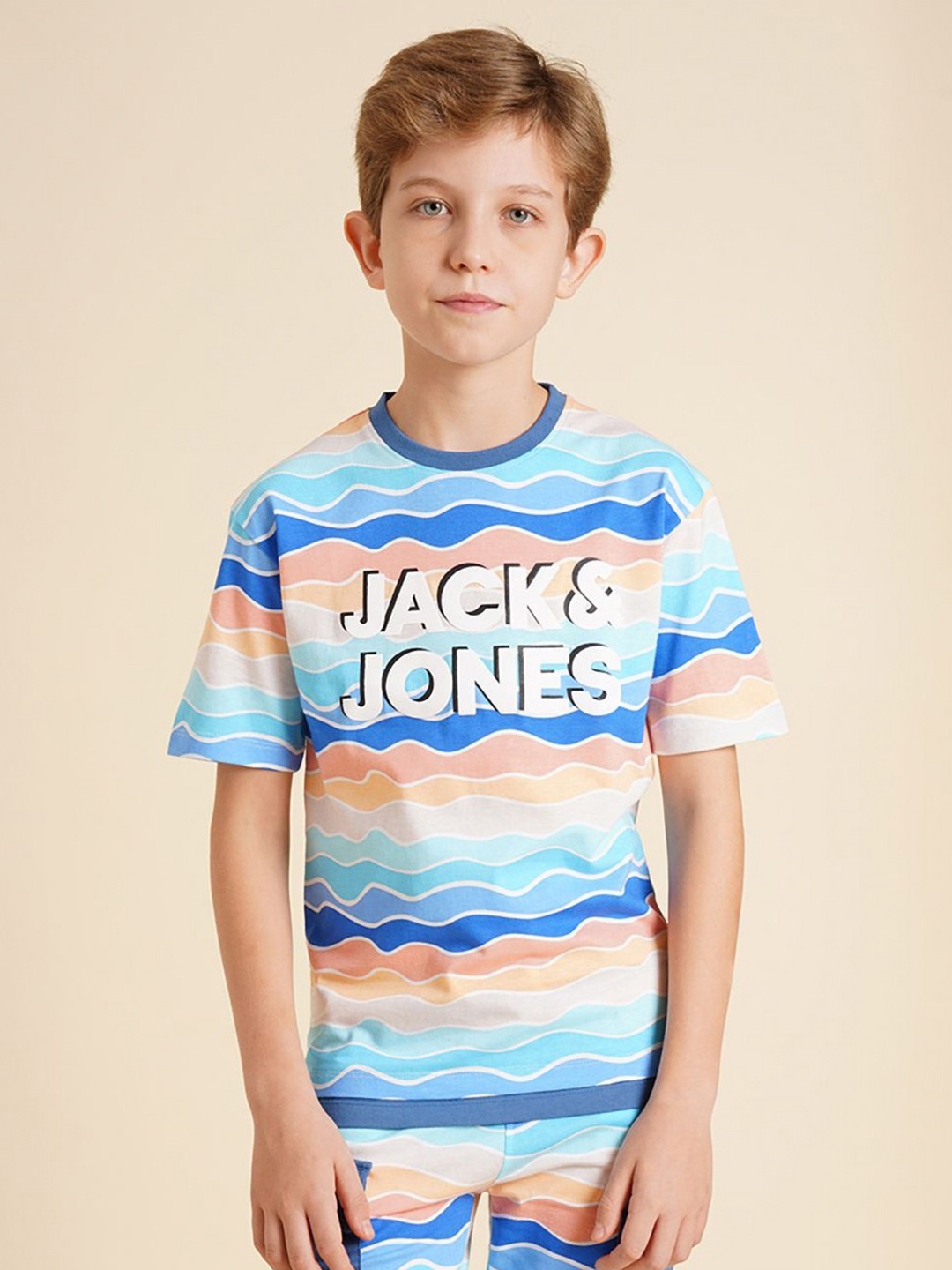 

Jack & Jones Junior Boys Striped Round Neck Cotton T-shirt, Blue