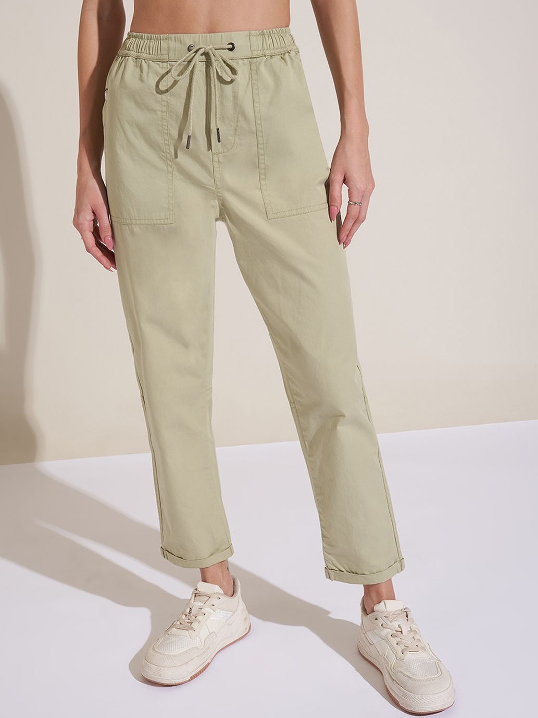 

Honey by Pantaloons Women High Rise Pure Cotton Trousers, Beige