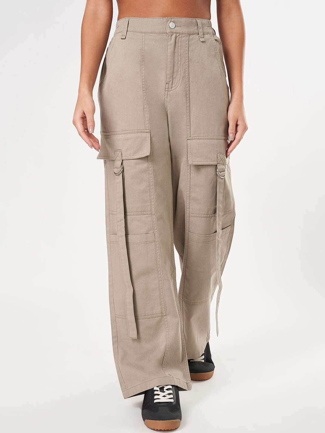 

People Women Mid-Rise Relaxed Fit Cargos Trousers, Olive