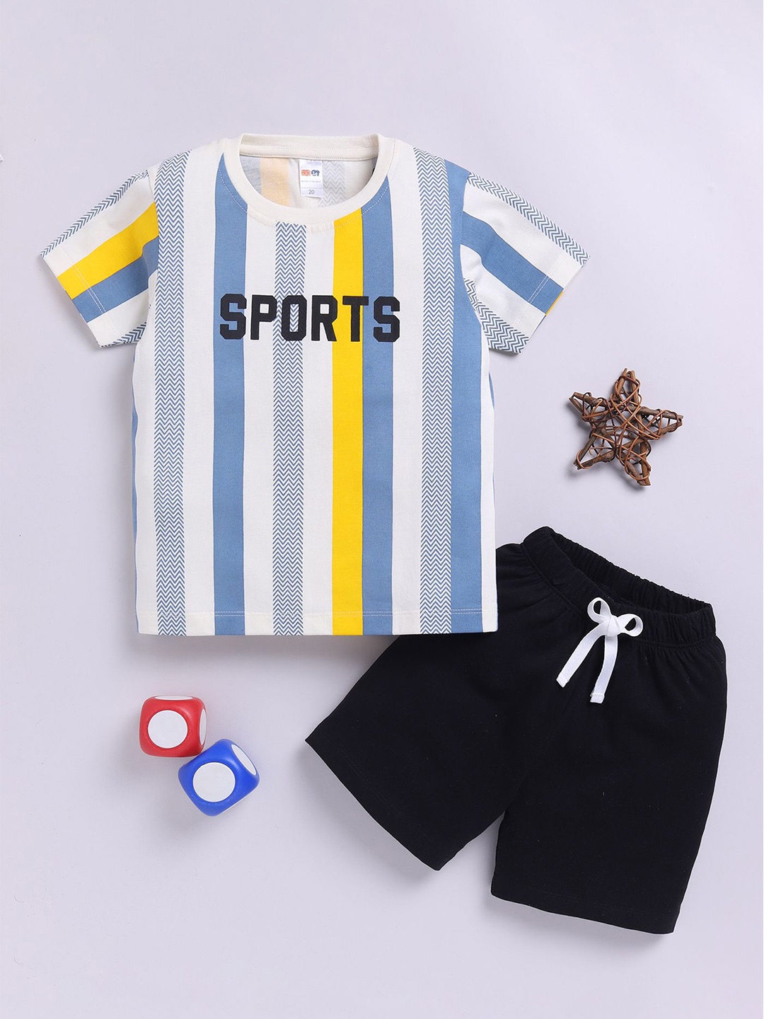 

LITTLE NINJA Boys Striped Round Neck Pure Cotton T-Shirt With Shorts, White