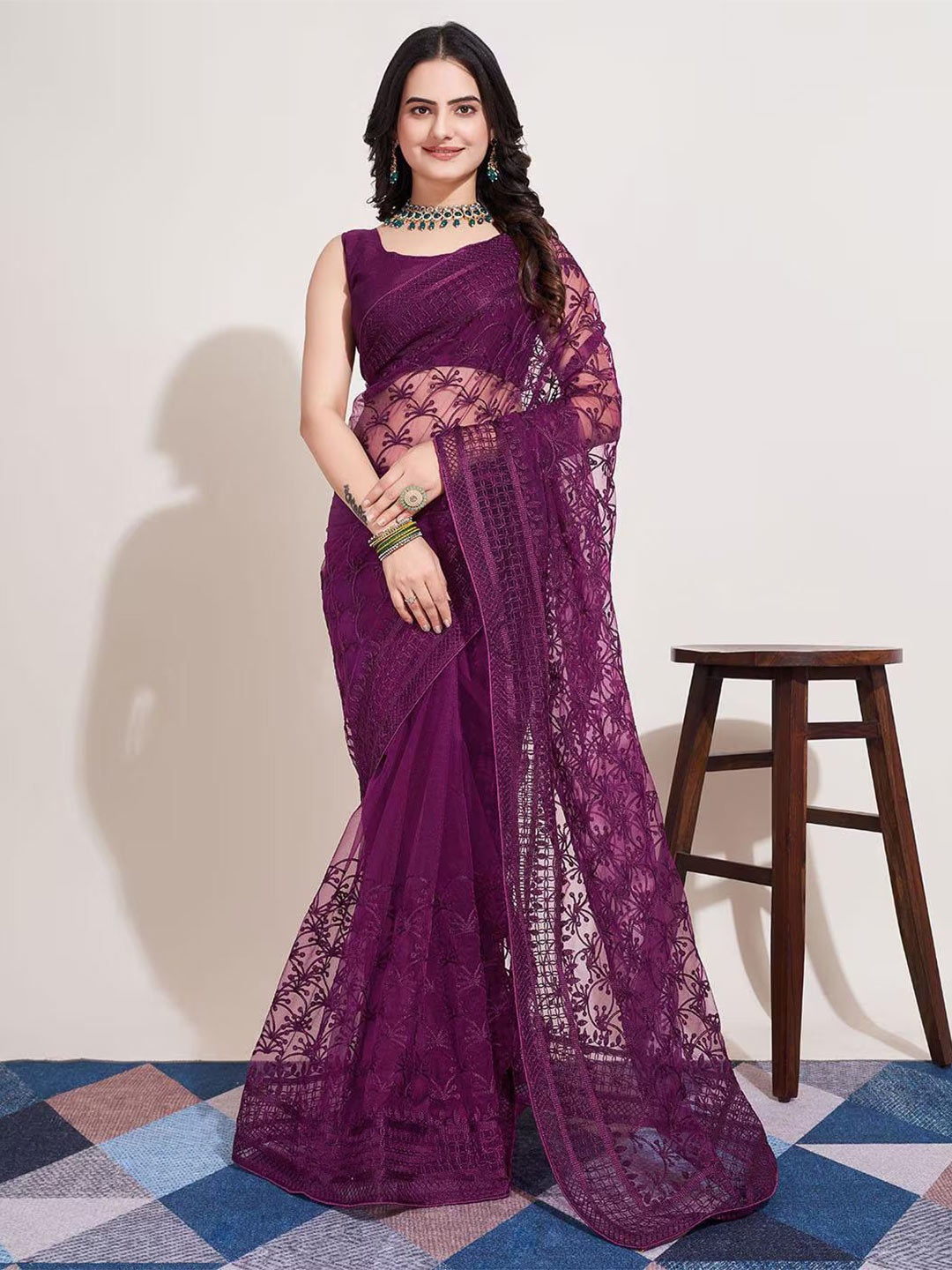 

LADY SHOPI Ethnic Motifs Net Saree, Purple