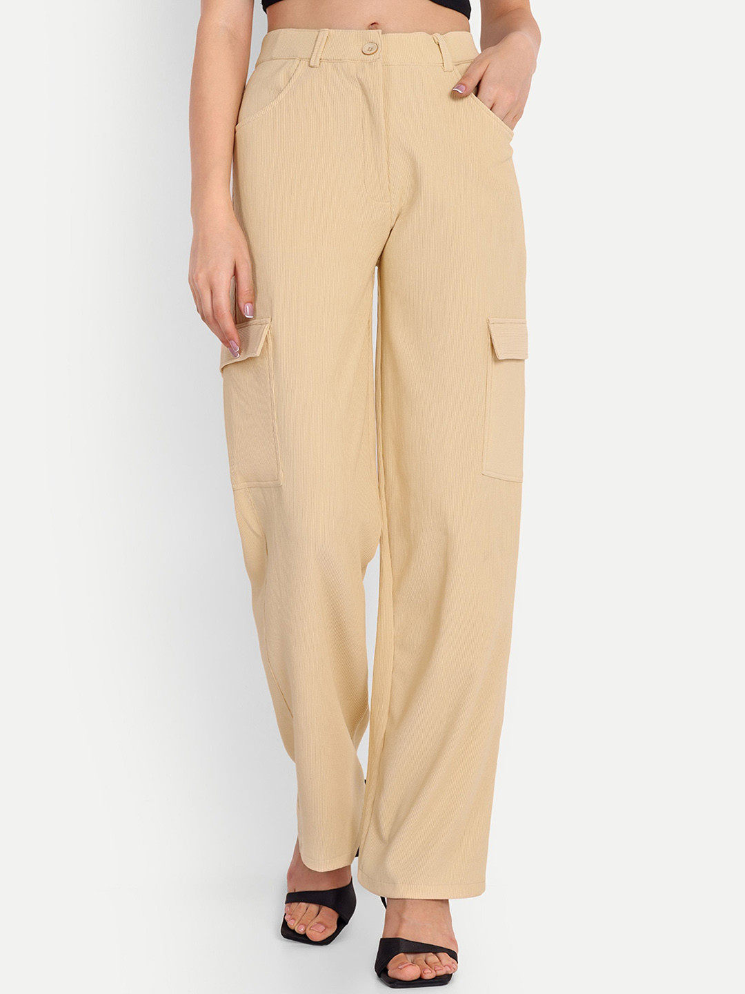 

FNOCKS Women Striped Relaxed Loose Fit High-Rise Trousers, Beige