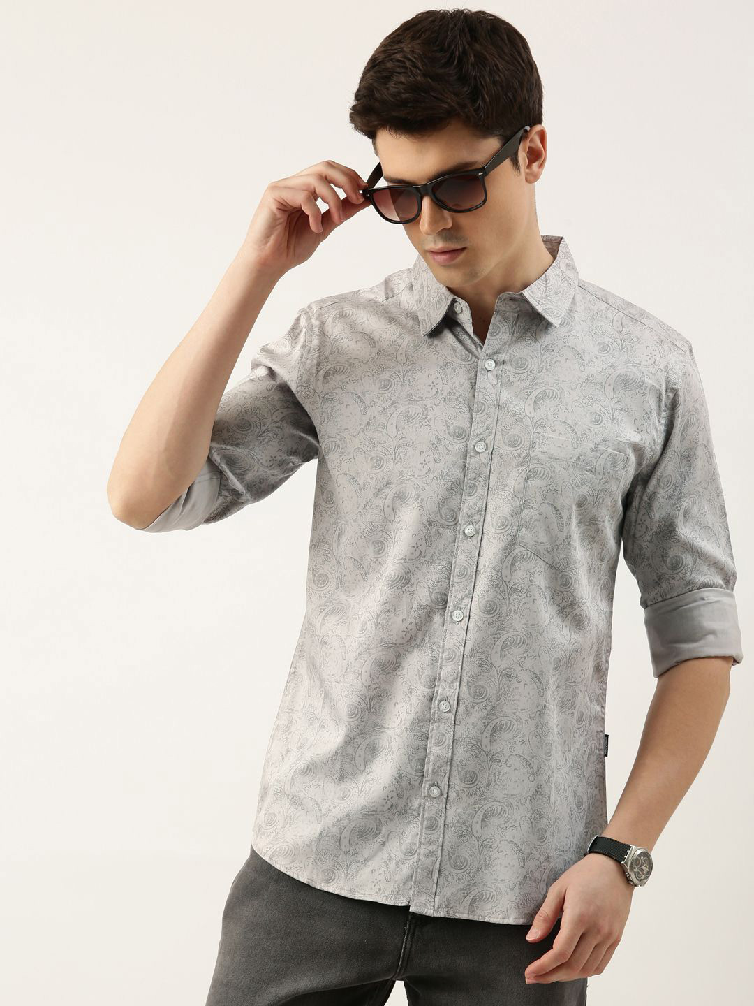 

Provogue Men Spread Collar Ethnic Motifs Printed Cotton Casual Shirt, Grey