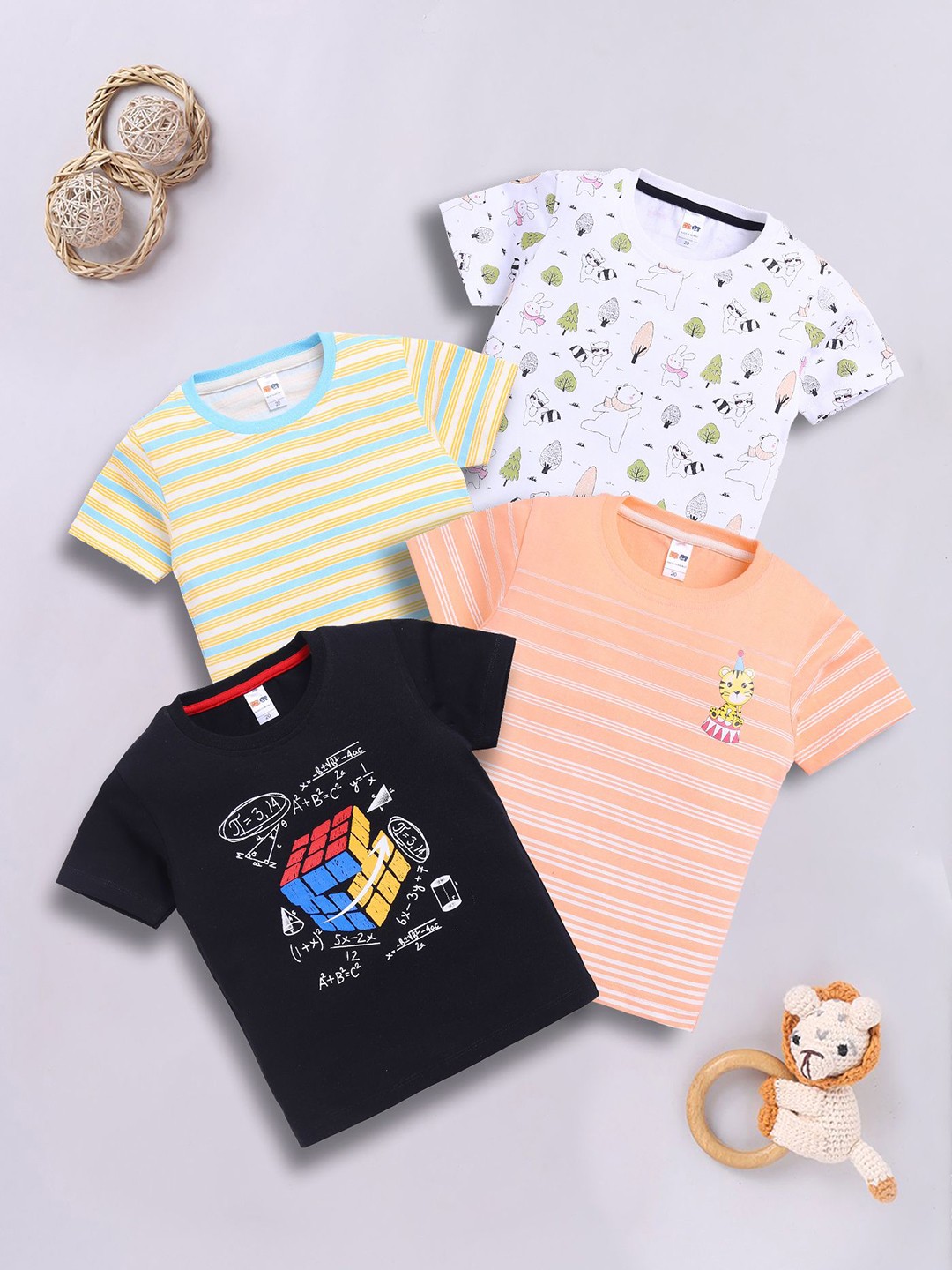 

LITTLE NINJA Boys Pack of 4 Graphic Printed Round Neck Cotton T-shirts, Black