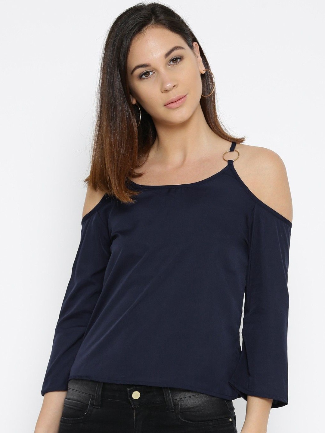 

Moda Rapido Cold-Shoulder Crepe Styled Back Top, Navy blue